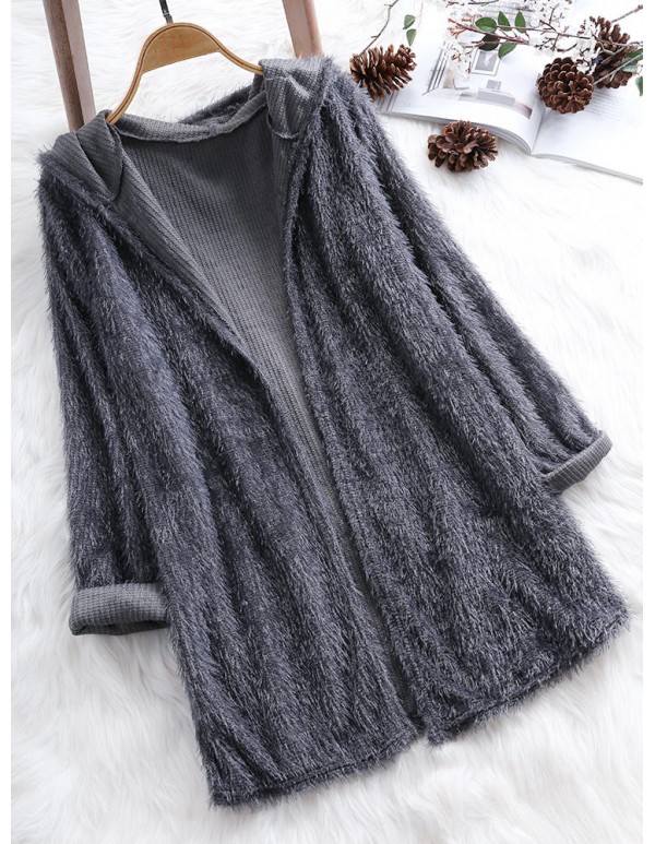 Women Fuzzy Solid Color Hooded Outwear Coats