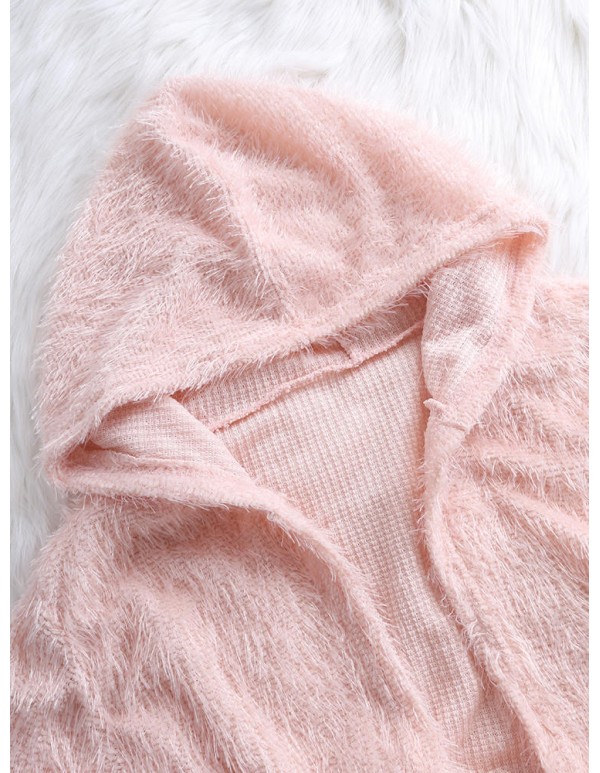 Women Fuzzy Solid Color Hooded Outwear Coats