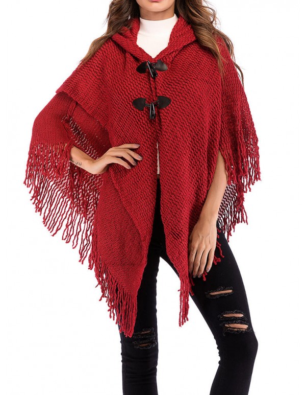 Women Elegant Hooded Fringed Knitted Cloak Cardigans Coats