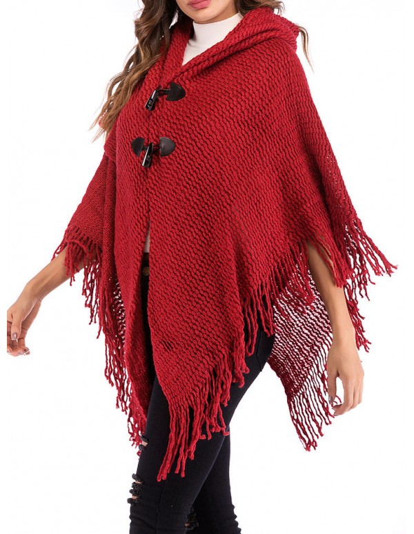 Women Elegant Hooded Fringed Knitted Cloak Cardigans Coats