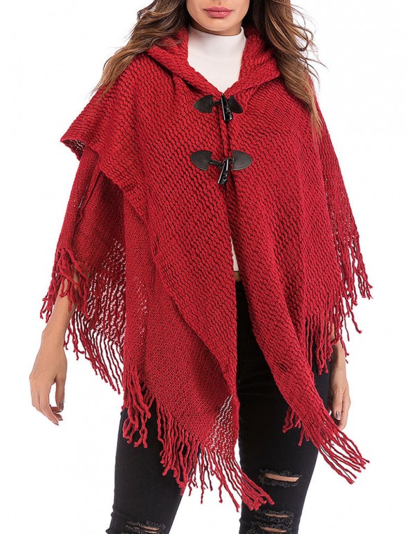 Women Elegant Hooded Fringed Knitted Cloak Cardigans Coats