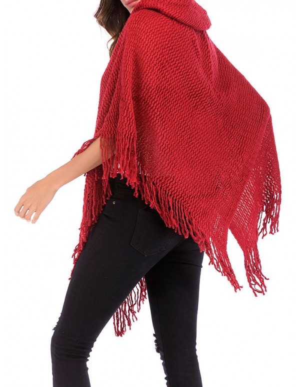 Women Elegant Hooded Fringed Knitted Cloak Cardigans Coats