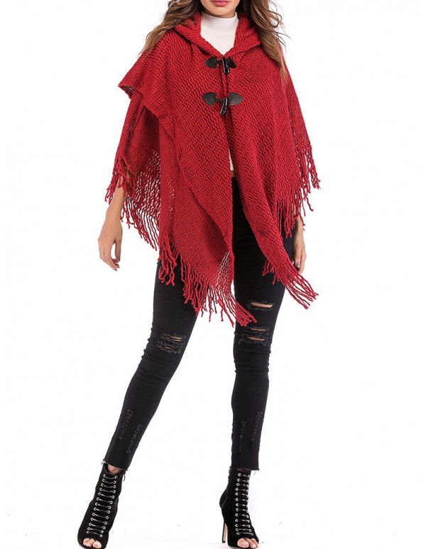 Women Elegant Hooded Fringed Knitted Cloak Cardigans Coats