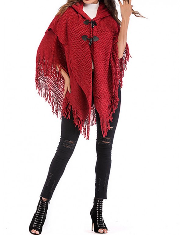 Women Elegant Hooded Fringed Knitted Cloak Cardigans Coats