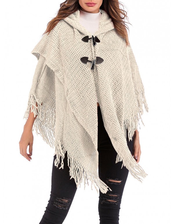 Women Elegant Hooded Fringed Knitted Cloak Cardigans Coats