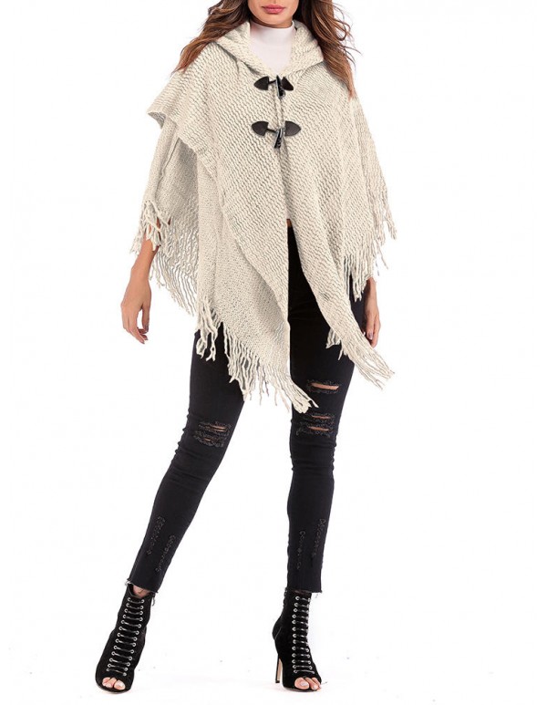 Women Elegant Hooded Fringed Knitted Cloak Cardigans Coats