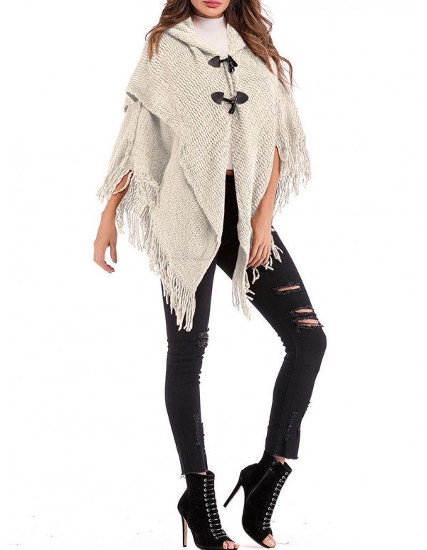 Women Elegant Hooded Fringed Knitted Cloak Cardigans Coats