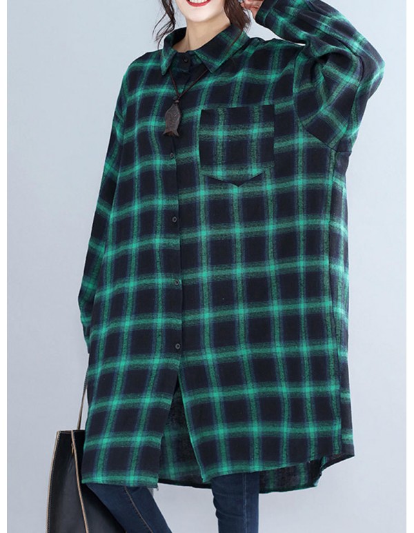 Women Casual Plaid Long Sleeve Long Shirt Blouse with Pockets