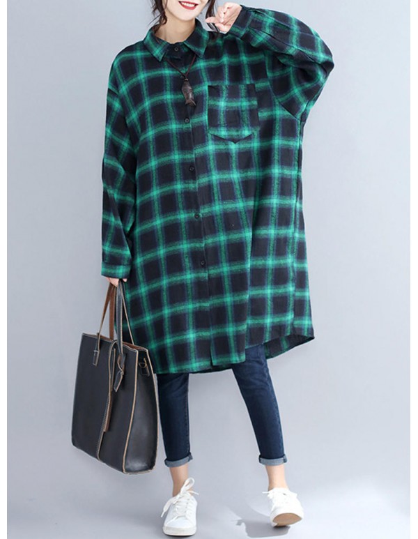 Women Casual Plaid Long Sleeve Long Shirt Blouse with Pockets