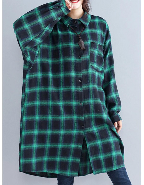 Women Casual Plaid Long Sleeve Long Shirt Blouse with Pockets