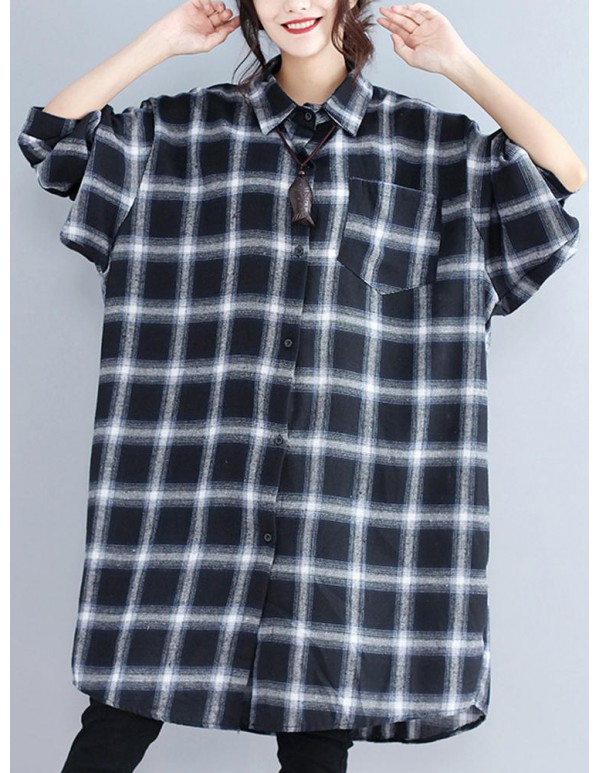 Women Casual Plaid Long Sleeve Long Shirt Blouse with Pockets