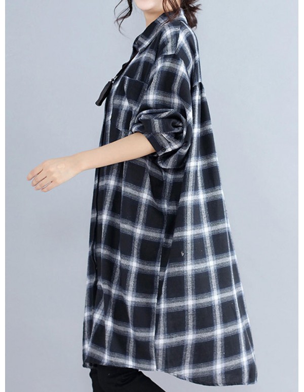 Women Casual Plaid Long Sleeve Long Shirt Blouse with Pockets