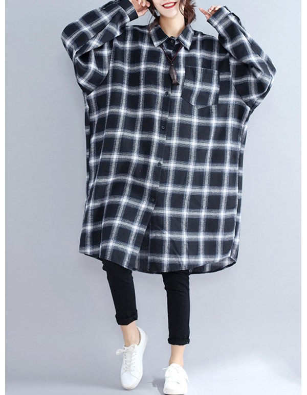 Women Casual Plaid Long Sleeve Long Shirt Blouse with Pockets