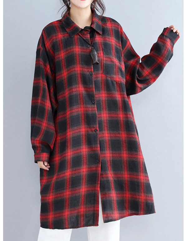 Women Casual Plaid Long Sleeve Long Shirt Blouse with Pockets