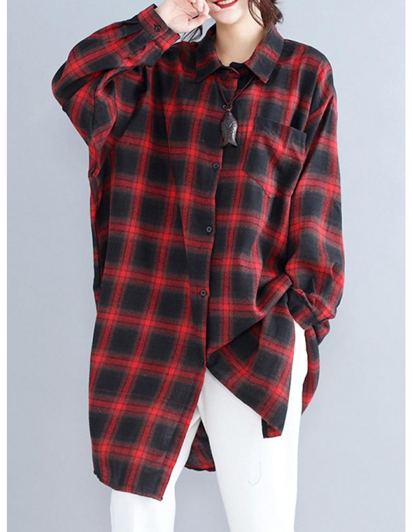 Women Casual Plaid Long Sleeve Long Shirt Blouse with Pockets
