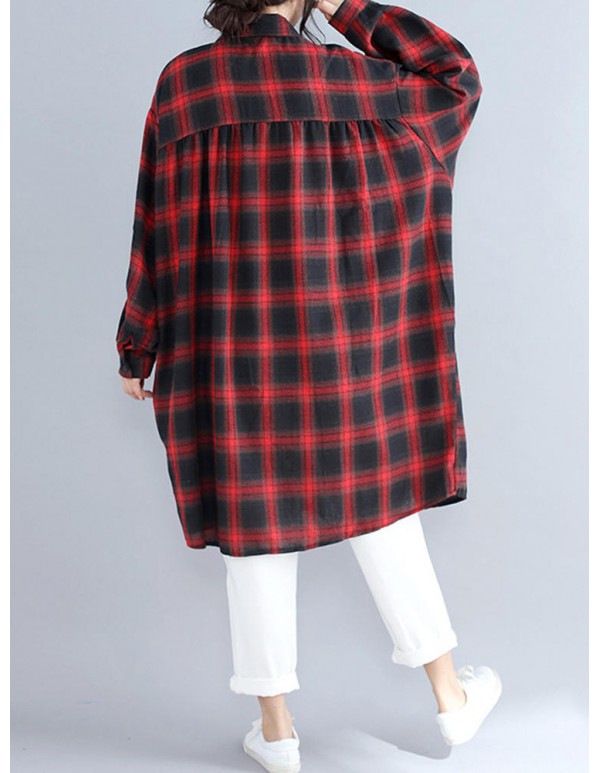 Women Casual Plaid Long Sleeve Long Shirt Blouse with Pockets
