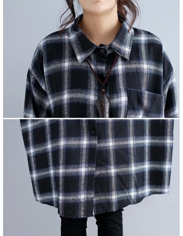 Women Casual Plaid Long Sleeve Long Shirt Blouse with Pockets