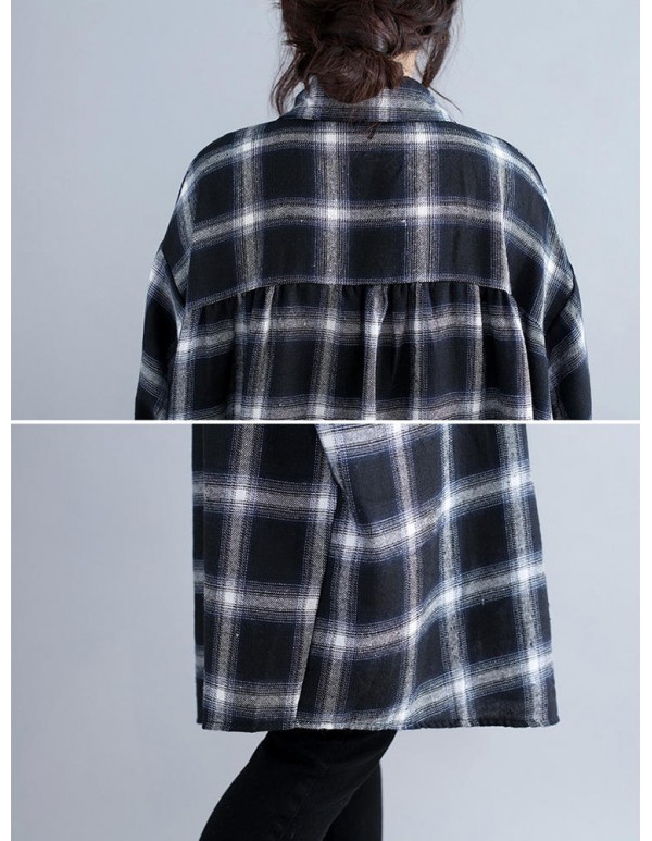 Women Casual Plaid Long Sleeve Long Shirt Blouse with Pockets
