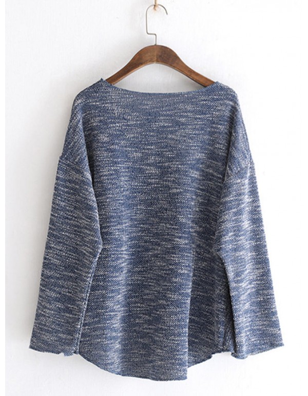 Women Casual Crew Neck Long Sleeve Mixed Color Knit Blouse