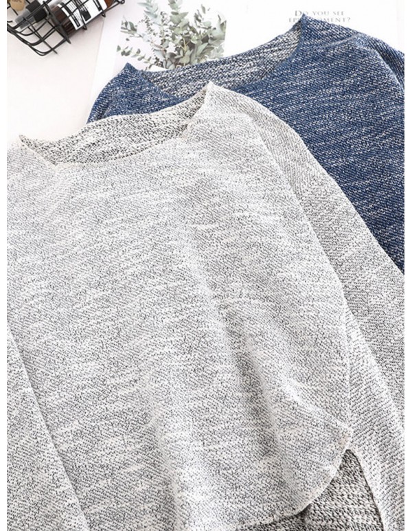 Women Casual Crew Neck Long Sleeve Mixed Color Knit Blouse