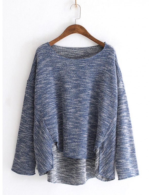 Women Casual Crew Neck Long Sleeve Mixed Color Knit Blouse