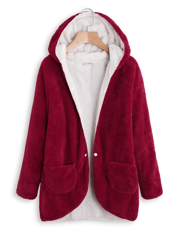 Women Fleece Casual Loose Reversible Hooded Coats with Pockets