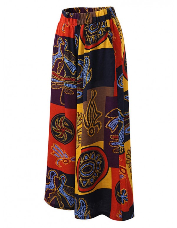 Plus Size Vintage Printed Elastic Waist Wide Leg Loose Pants