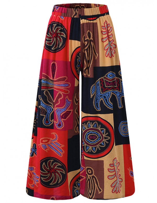 Plus Size Vintage Printed Elastic Waist Wide Leg Loose Pants