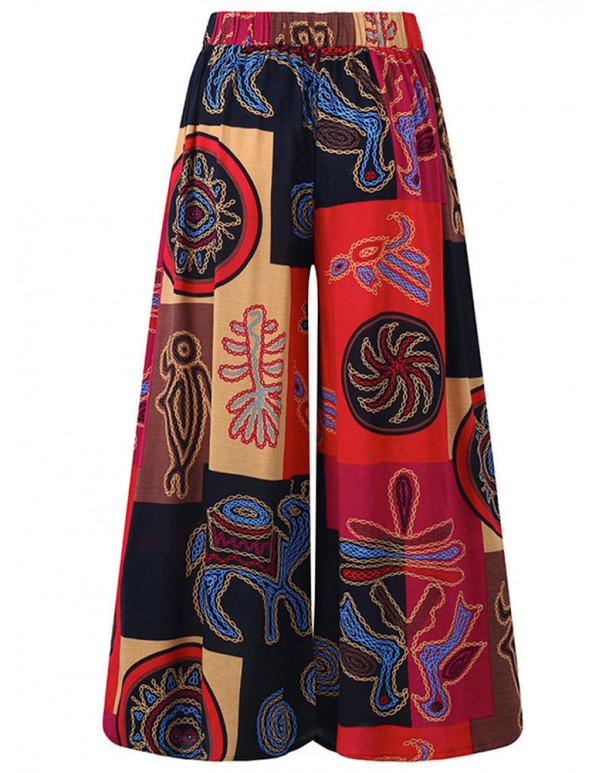 Plus Size Vintage Printed Elastic Waist Wide Leg Loose Pants