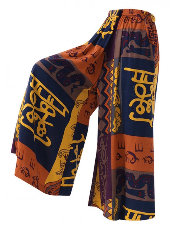 Plus Size Vintage Printed Elastic Waist Wide Leg Loose Pants
