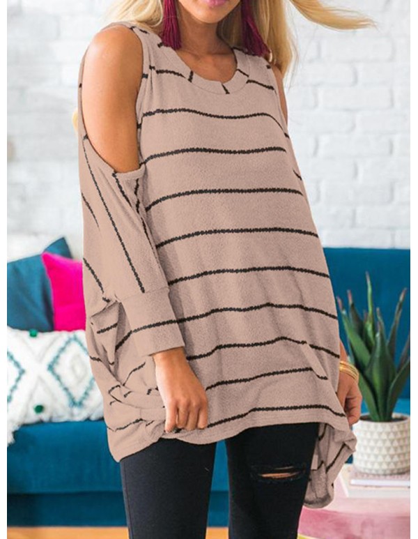 Plus Size Loose Off Shoulder  Batwing Sleeve Stripe Blouse for Women