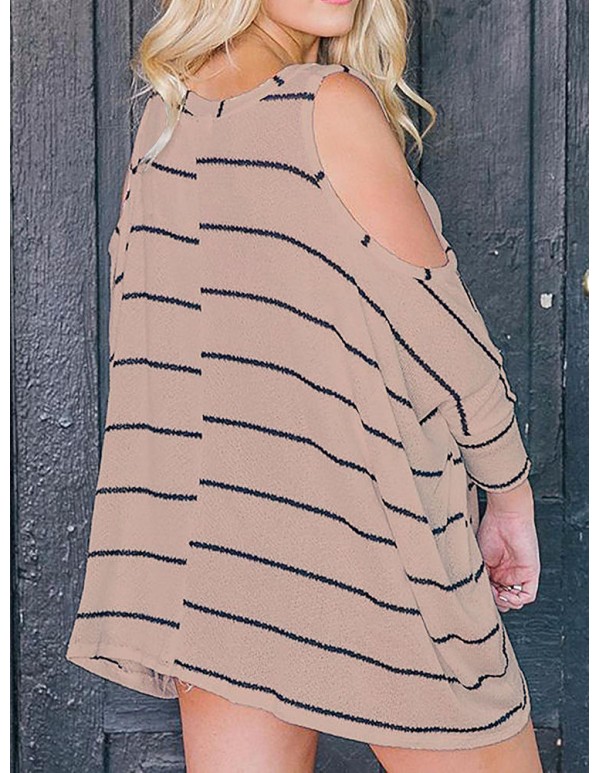 Plus Size Loose Off Shoulder  Batwing Sleeve Stripe Blouse for Women