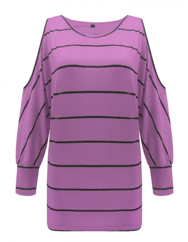 Plus Size Loose Off Shoulder  Batwing Sleeve Stripe Blouse for Women
