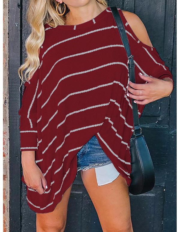 Plus Size Loose Off Shoulder  Batwing Sleeve Stripe Blouse for Women