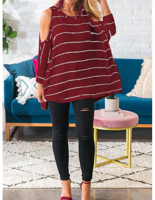 Plus Size Loose Off Shoulder  Batwing Sleeve Stripe Blouse for Women