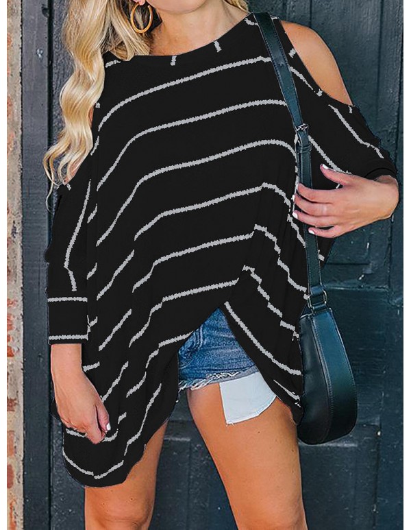 Plus Size Loose Off Shoulder  Batwing Sleeve Stripe Blouse for Women