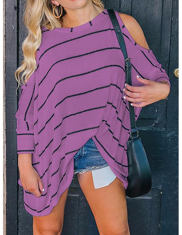 Plus Size Loose Off Shoulder  Batwing Sleeve Stripe Blouse for Women