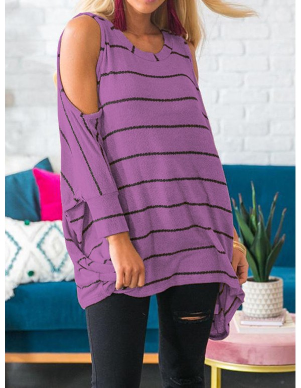 Plus Size Loose Off Shoulder  Batwing Sleeve Stripe Blouse for Women