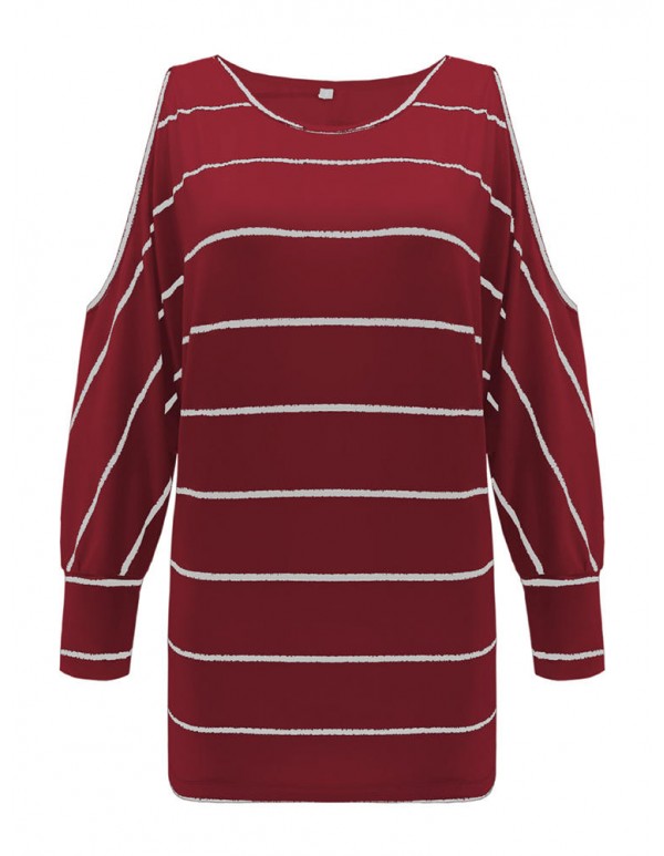 Plus Size Loose Off Shoulder  Batwing Sleeve Stripe Blouse for Women