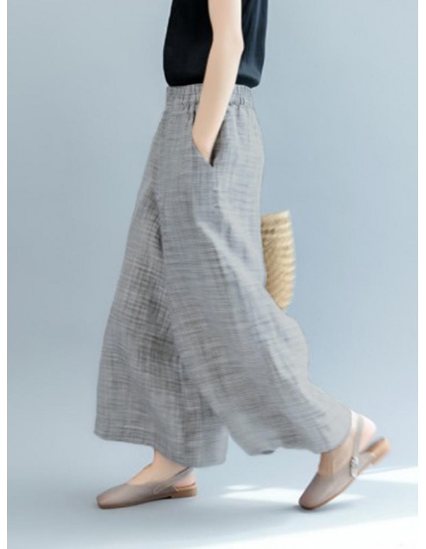 Plus Size Casual Loose Elastic Waist Wide Leg Pants with Pockets