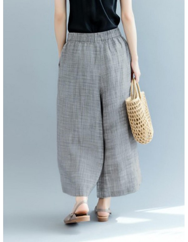 Plus Size Casual Loose Elastic Waist Wide Leg Pants with Pockets