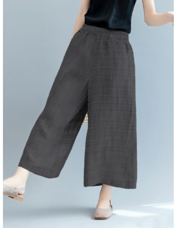 Plus Size Casual Loose Elastic Waist Wide Leg Pants with Pockets
