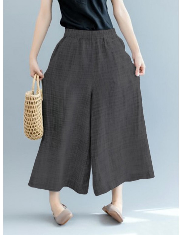 Plus Size Casual Loose Elastic Waist Wide Leg Pants with Pockets