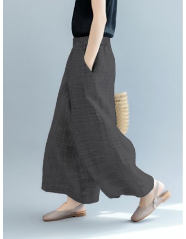 Plus Size Casual Loose Elastic Waist Wide Leg Pants with Pockets