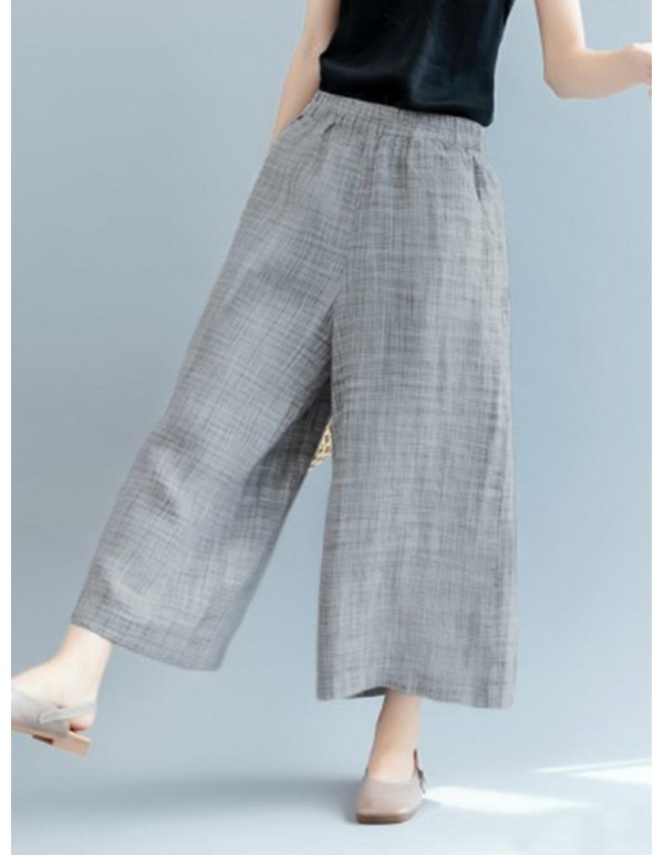 Plus Size Casual Loose Elastic Waist Wide Leg Pants with Pockets