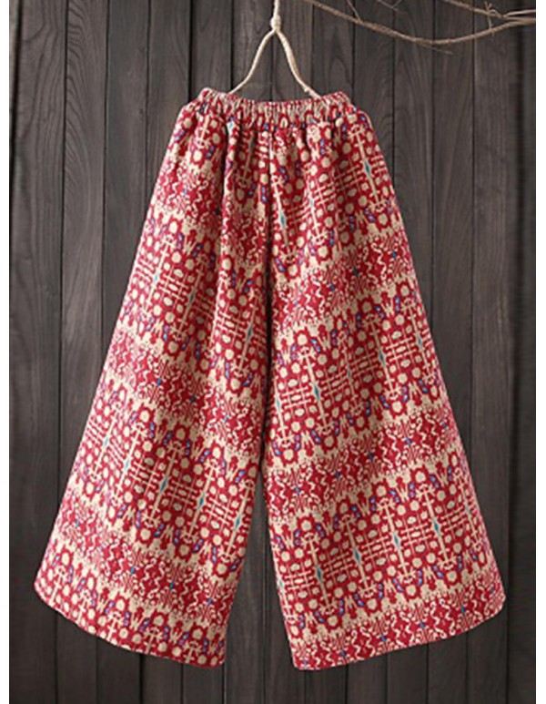 S-5XL Vintage Printed Elastic Waist Wide Leg Trousers Pants with Pockets