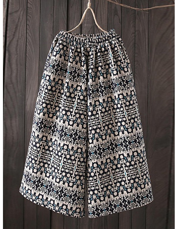 S-5XL Vintage Printed Elastic Waist Wide Leg Trousers Pants with Pockets