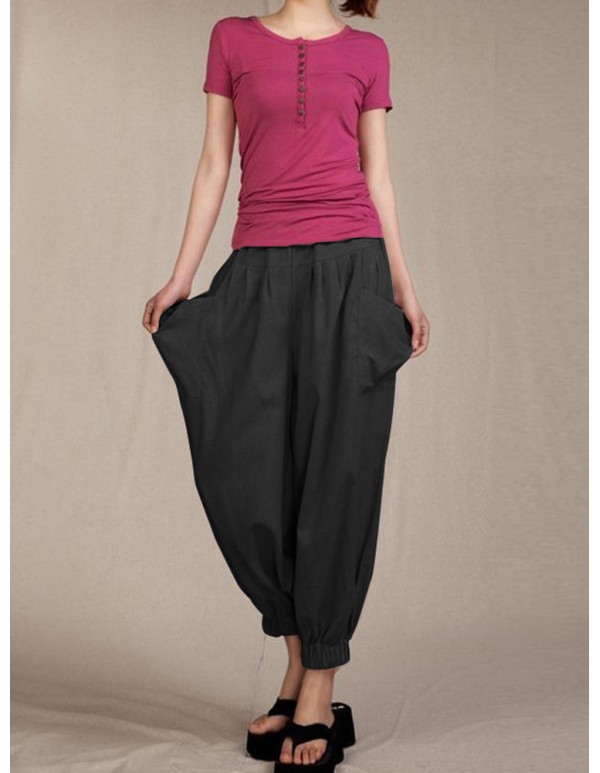 S-5XL Casual Elastic Waist Solid Color Trousers Harem Pants