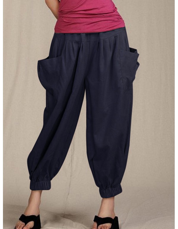 S-5XL Casual Elastic Waist Solid Color Trousers Harem Pants