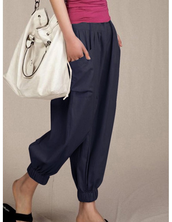 S-5XL Casual Elastic Waist Solid Color Trousers Harem Pants